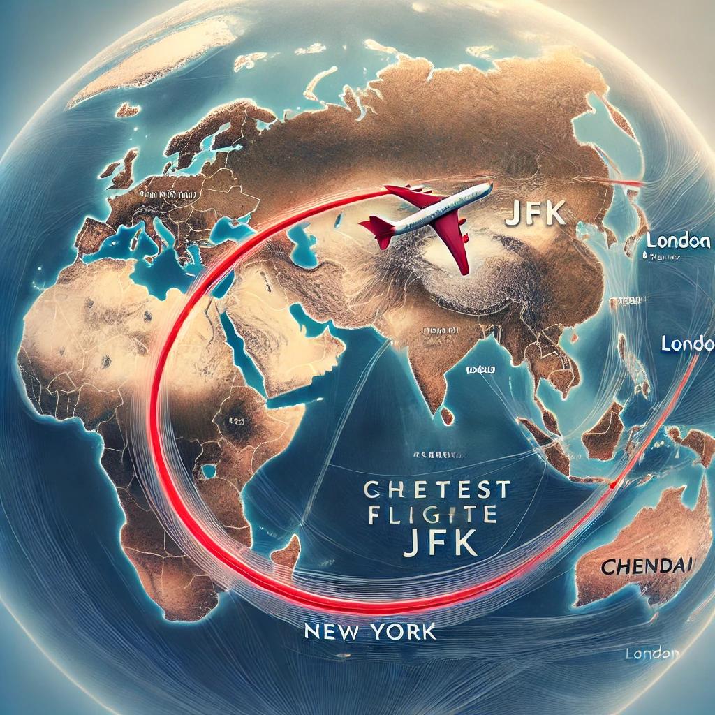 Shortest Flight route from New York (JFK) to Chennai, India - Airline-topdeals.com